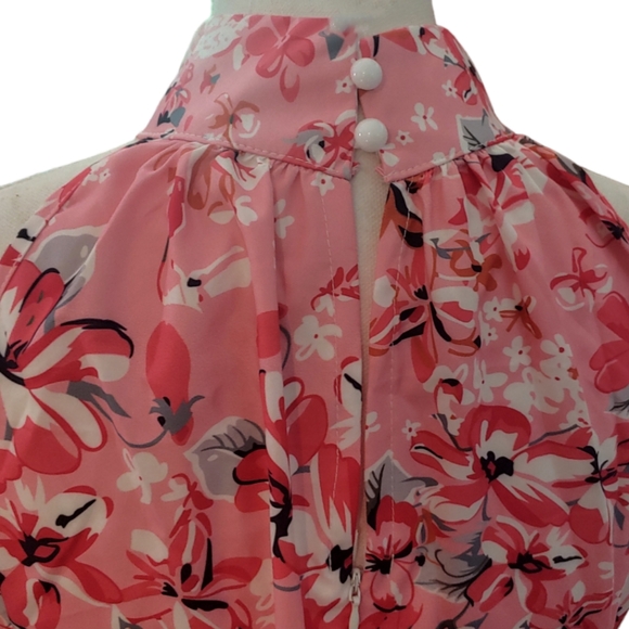 Spring Summer Dress Pink Floral Halter Neck Sleeveless A Line Ruffled Hem - Picture 3 of 9